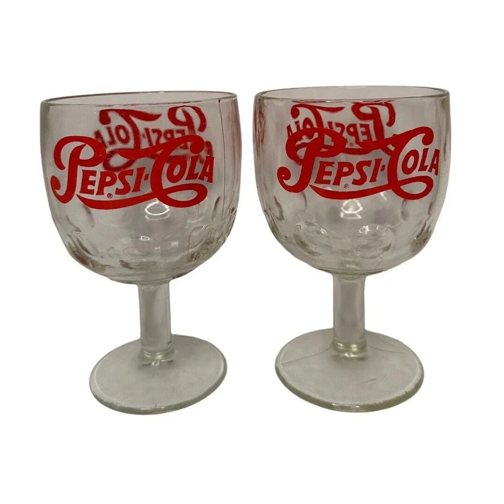 Vintage‎ Pair of Retro Logo PEPSI COLA Soda Fountain Thumbprint Glass Goblets